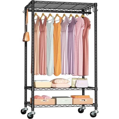FUTASSI Black Rolling Clothes Rack with Adjustable Shelves & Heavy Duty Support