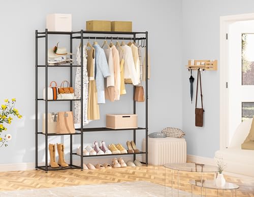 Black Medium Metal Closet Wardrobe with Storage Shelves & Hanging Rod
