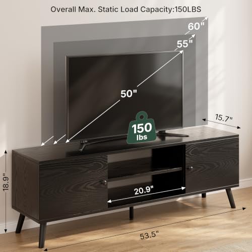 Black TV Stand for 55-60 Inch TVs Modern Mid Century Media Console with Storage - 18.9W x 53.5L x 15.7H
