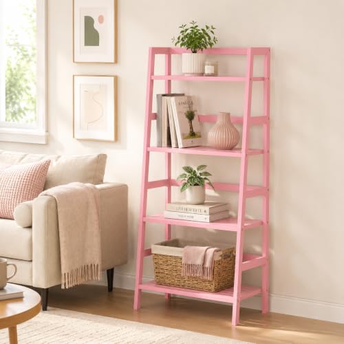 Pink Ladder Shelf - 4-Tier Bamboo Bookcase & Organizer for Home