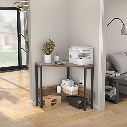 Rustic Corner Small Desk with Outlets & USB Ports - Triangle Home Office Table