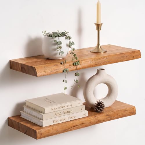 Live Edge Elm Floating Shelves - Rustic Wall Mounted Storage Set of 2