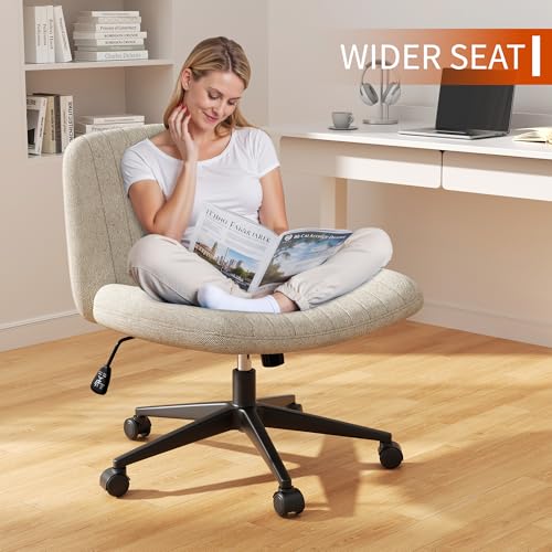 White Wheels Criss Cross Office Chair 26" Wide Armless Fabric Swivel Vanity Chair