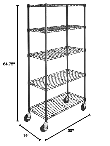 Heavy Duty Garage Shelving Storage Rack with Wheels - 5-Shelf, 30 x 14 x 64.75 inches, Black, Adjustable Steel Organizer