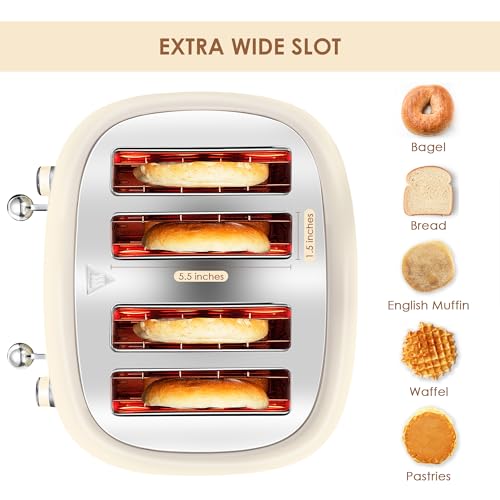 Cream 4 Slice Toaster with Retro Stainless Steel Finish, Wide Slots & Bagel Function