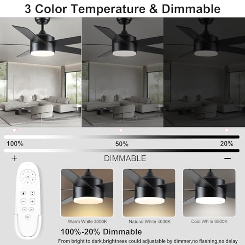 52-Inch Black Ceiling Fan with Lights & Remote - Dimmable, Quiet, Reversible