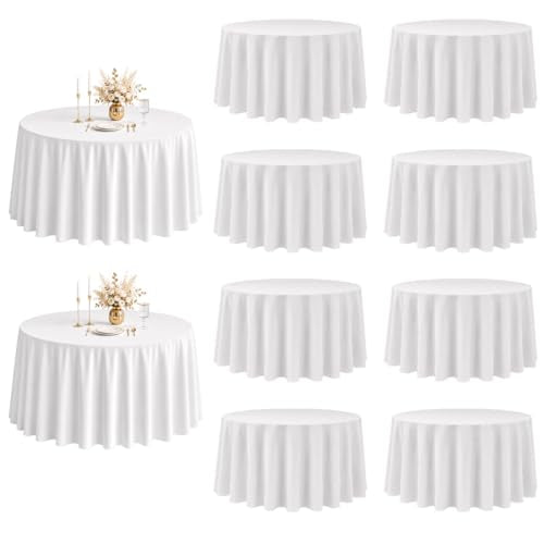 White 120 Inch Round Tablecloths - Pack of 10 Washable Polyester Cover for Dining & Events