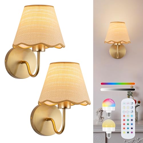 ADISUN 10-Inch Gold Wall Sconce Set of 2 with Rattan Shades - Battery Operated, Rechargeable Wall Lamps for Living Room & Bedroom