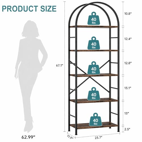 Shintenchi Rustic Brown 5-Tier Arched Bookshelf - Tall Metal & Wood Bookcase