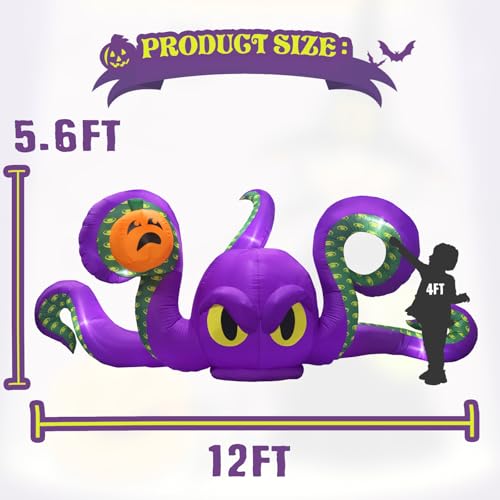 12Ft Purple Octopus Inflatable Halloween Decor with LED Lights and Outdoor Stakes