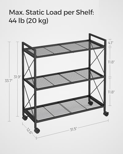Black 3-Tier Steel Storage Rack with Wheels Mesh Shelving Unit