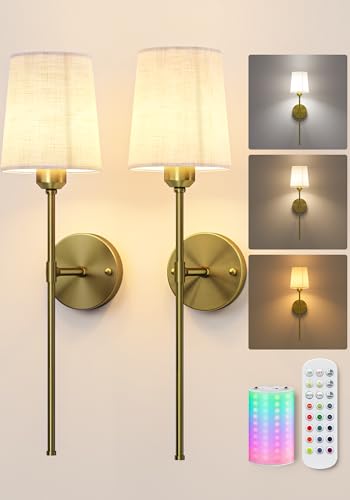 EZVALO Brass 24-Inch Rechargeable Wireless Wall Sconce Set of 2 with Remote, Dimmable RGB Lighting