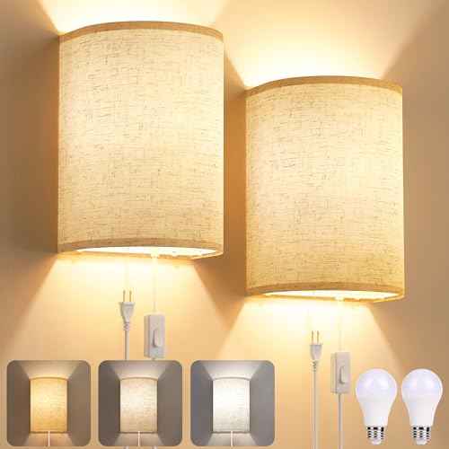 Beige Plug-in Wall Sconces Set of 2 with On/Off Switch & Adjustable Color Temperature