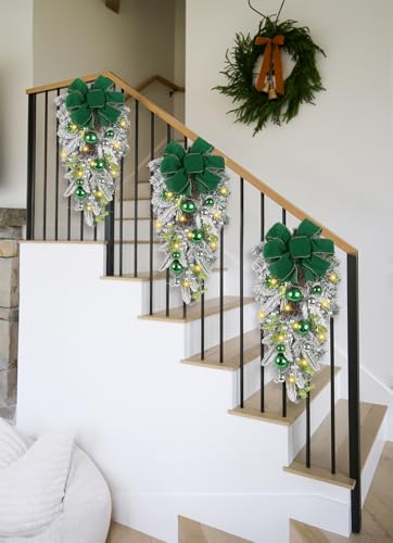UUXX 2 Pack Prelit Green Christmas Swags with Green Bows and Ornaments, 23.6" Holiday Door Decor