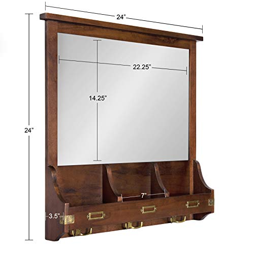 Wall Mounted Wood Home Organizer Mirror with Pockets & Hooks - Walnut 24"L x 3.5"W