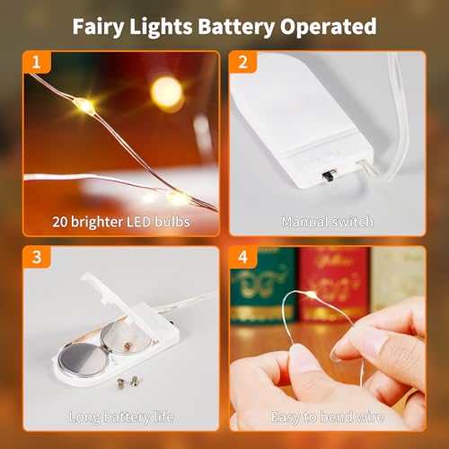 TingMiao 6 Pack Fairy Lights Battery Operated 7.2 ft 20 LED Mini String Lights Waterproof Silvery Copper Wire Firefly Starry Lights for Wedding Bedroom Party Christmas Decor(Warm White)