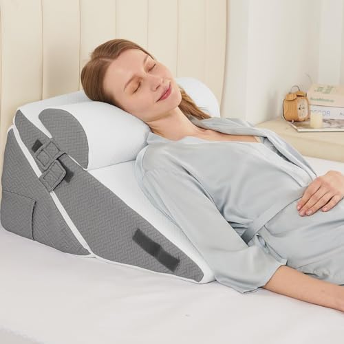 Sasttie Adjustable Wedge Pillow Set for Post-Surgery Support - Dark Grey & White, 9/12 Inch, Includes Head Pillow