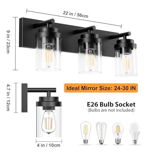 IZORRO 22 Inch Black Bathroom Vanity Light Fixture 3-Light Over Mirror with Clear Glass Shades - Modern Farmhouse Style