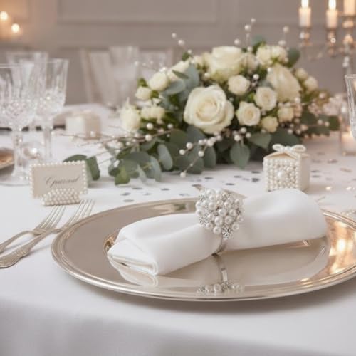 Hotop 36 Pcs Pearl Flower Napkin Rings Silver, Round Rhinestone Buckles