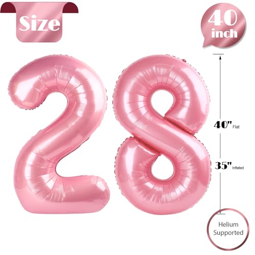 Pearlescent Pink Number 28 Balloons 40 inch, 28 Number Balloons, 28th Birthday Decorations, 28 Year Old Women Pastel Pink Party Supplies
