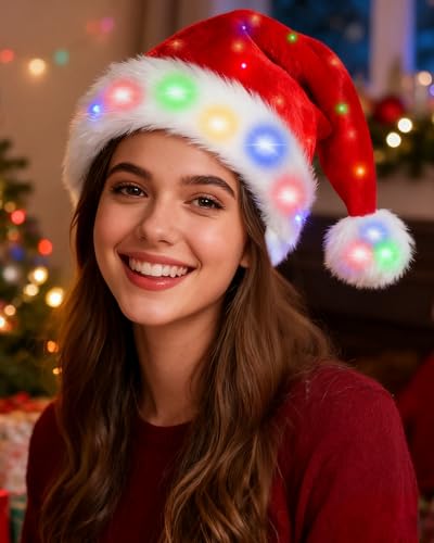 LED Light Up Christmas Santa Hat for Adults & Kids Holiday Party Headwear