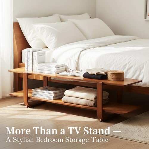 Walnut TV Stand for 55-Inch TVs - Modern Media Console with Open Shelves