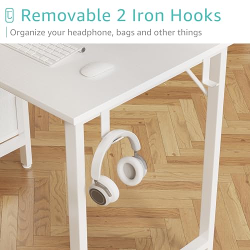 White Reversible Computer Desk with Fabric Drawer - 47.2 Inch Home Office Study Table