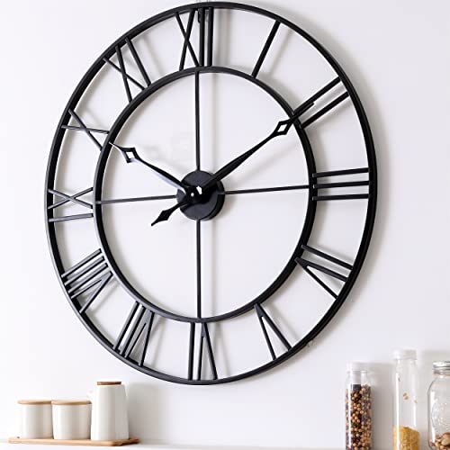 Black Roman Numeral 30 Inch Wall Clock - Large Heavy Metal Industrial Decor