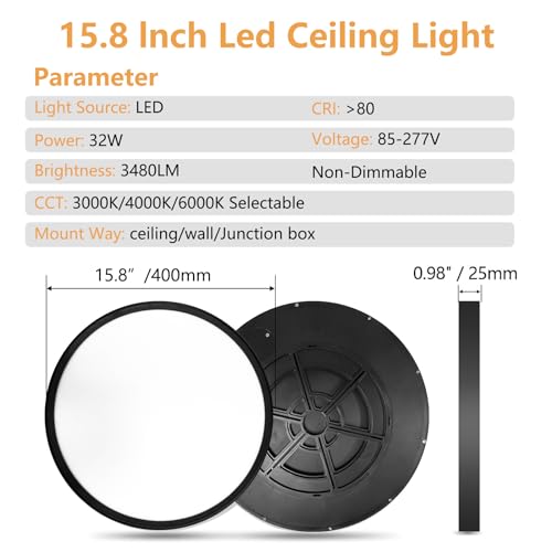 OFFIY 4-Pack 15.8 Inch Black LED Flush Mount Ceiling Lights 32W 3480LM Adjustable CCT