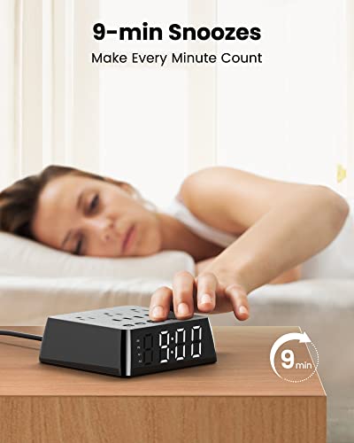 JACKYLED Black Alarm Clock with 4 USB Chargers & Power Outlets, Dimmable LED Display