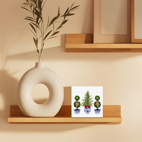 ATBWGT Chinoiserie Christmas Tree Wooden Box Sign - 5x5 Inch, Red Bow Holiday Desk Plaque