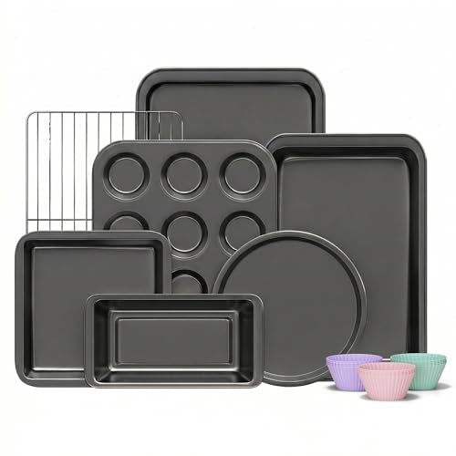 Compact 19-Piece Bakeware Set with Cake Pans Loaf Muffin & Cooling Rack - Gray