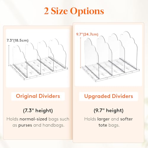Purse Organizer for Closet - Clear Handbag Shelf Dividers, 9.7" Tall, Includes 2 Bases & 8 Dividers - Suitable for Handbags & Totes (Variation 2 / 9.7"H)