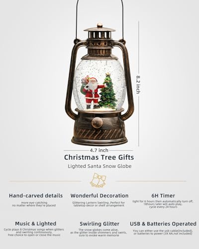 EDDO RUNNING Santa Claus Christmas Tree Snow Globe with Music & Timer - Indoor Holiday Decor