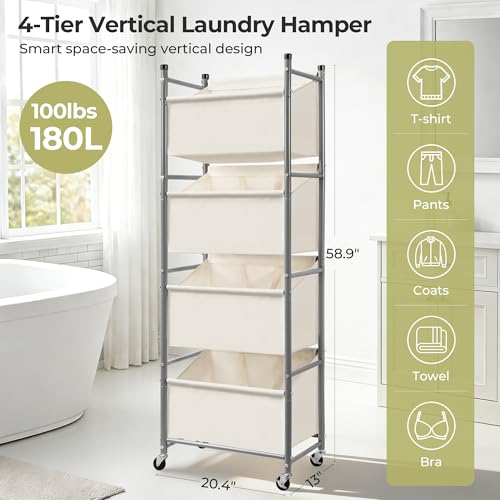 Beige 4-Tier Vertical Laundry Hamper with Rolling Wheels - 180L Capacity