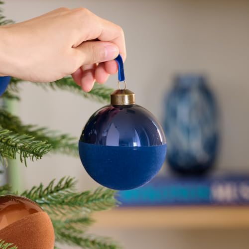 DN Deconation Blue 9-Piece Glass Christmas Ornament Set with Velvet Flock, Vintage Bronze Caps