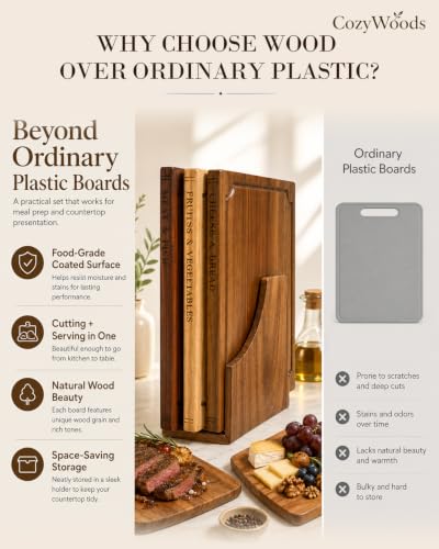 Book-Inspired Cutting Board Set with Stand - 3-Piece Hardwood Kitchen Boards, Mixed Variation