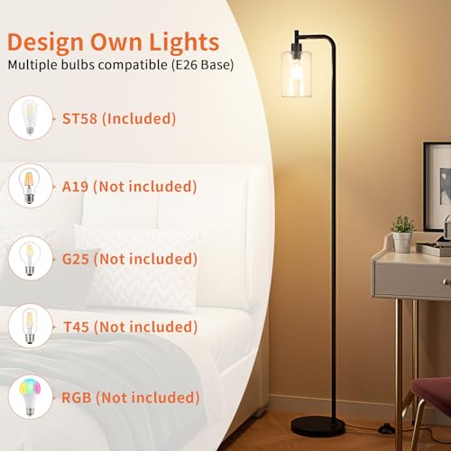 Ziisee Industrial Floor Lamp with Glass Shade - Black & Clear, LED Bulbs, Foot Switch, Easy Assembly