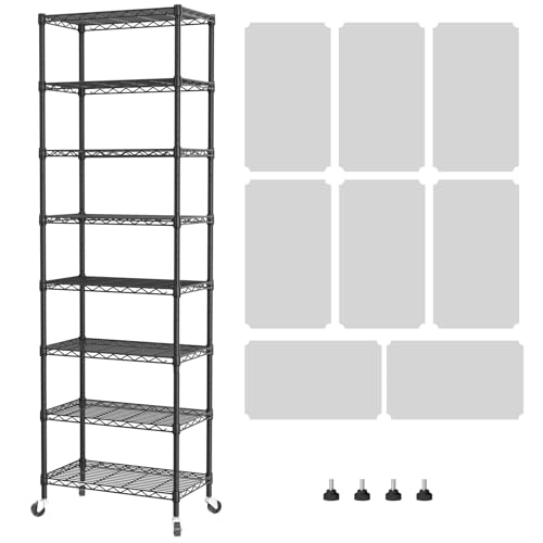 SINGAYE 8-Tier Metal Wire Closet Shelf with Wheels, 12 x 22 x 74 Inches, Black