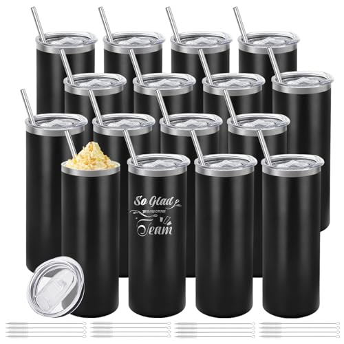 16-Pack 20oz Stainless Steel Insulated Tumblers with Lids & Straws Black