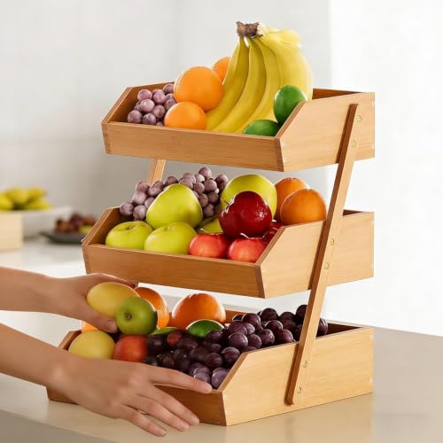 3-Tier Fruit & Vegetable Basket Organizer - Natural Bamboo Kitchen Storage with Removable Banana Hooks