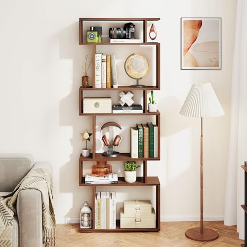 Giantex 6-Tier Geometric Walnut Bookcase with Anti-Tipping Kits - Modern S-Shaped Wooden Shelf