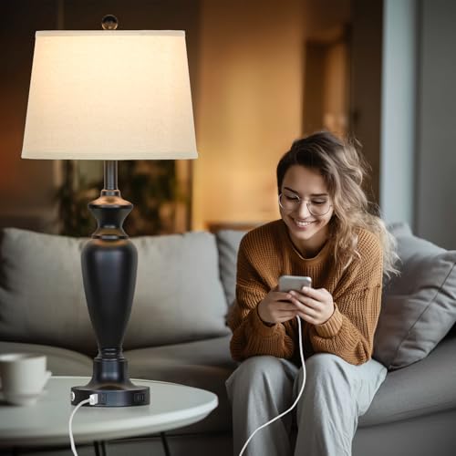 Cinyirong 30-Inch Black Set of 2 Modern Touch Control Bedside Lamps with USB-C & A Ports, AC Outlet, Dimmable Nightstand Lights
