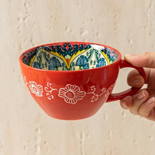 Noevany Boho 4-Piece Ceramic Coffee Mug Set with Spoons - Blue, Green, Red, Orange, 15 oz/450ml, Dishwasher & Microwave Safe