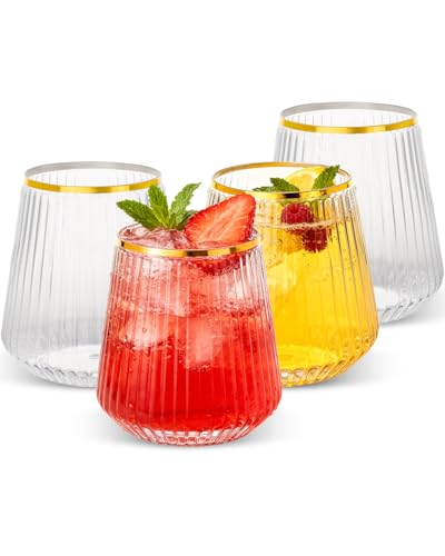 Clear & Gold 36 Pack 12oz Stemless Plastic Wine Glasses - Ribbed, BPA-Free Disposable