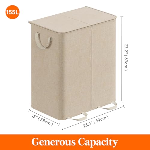 Lifewit Double Laundry Hamper with Lid and Removable Bags - Beige 155L
