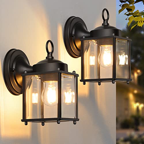 MATAMEYE Black Outdoor Wall Lantern 8.27 Inch Waterproof Sconce with Beveled Glass Shade, 2 Pack