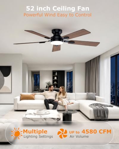 Black 52 Inch Ceiling Fan with Light and Remote App Control - Flush Mount