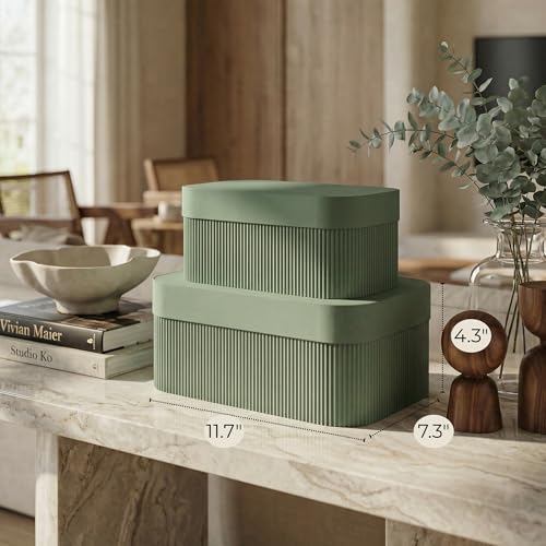 Sage Decorative Storage Boxes with Lids - Set of 2 Fluted Photo Organizer Bins