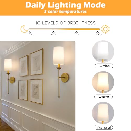 PASSICA DECOR Antique Brass Wireless Battery Wall Sconce Set of 2 with Remote, Dimmable RGB & Timer